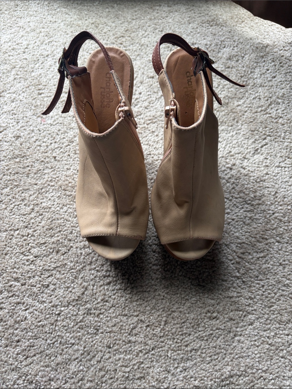Beige Peep-Toe Slingback Heels with Brown Ankle Straps